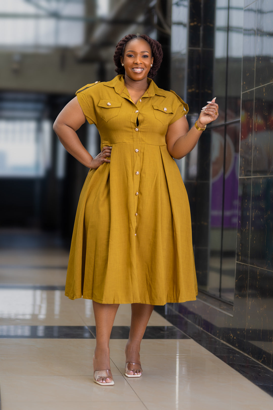 NORMANI OLIVE SKATER DRESS BUTTON