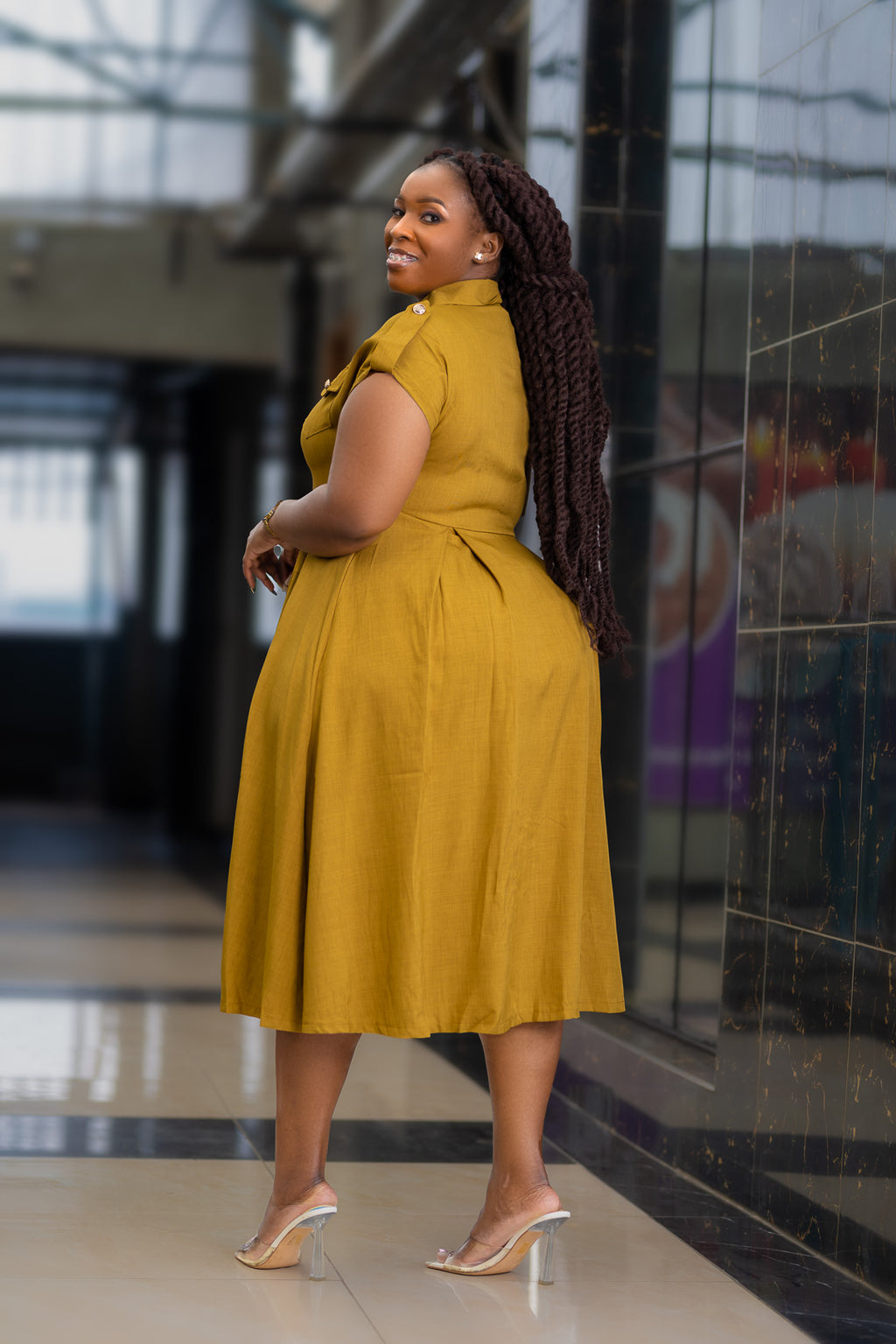 NORMANI OLIVE SKATER DRESS BUTTON